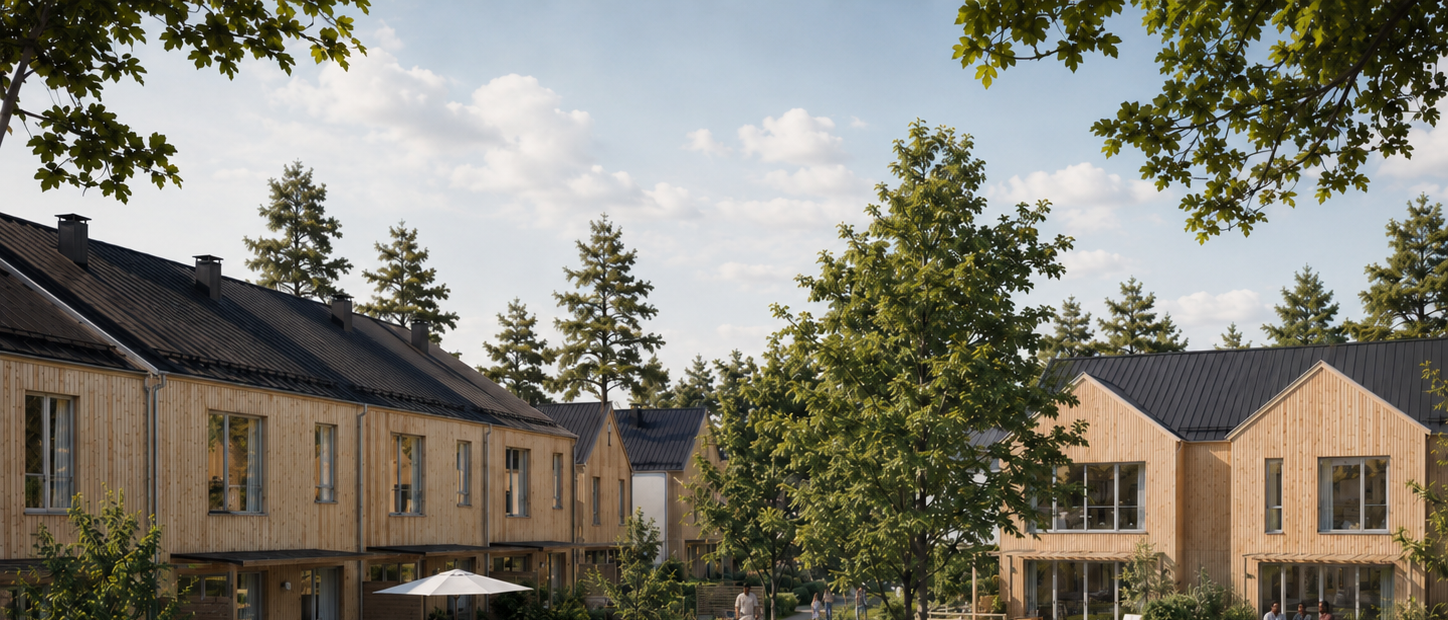 Nytt bostadskvarter med rad- och parhus i trä (AI-genererad illustration)